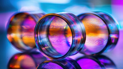 Optical coherence rings captured through transparent glass lens elements displaying vivid rainbow interference patterns chromatic dispersion effects laboratory