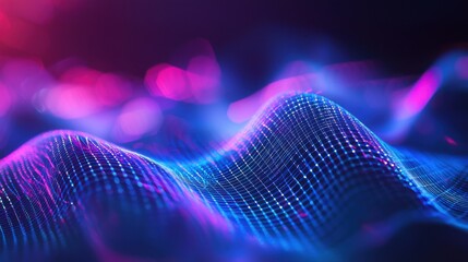 Optical interference grid laser pattern visualization with wave mesh structure glowing dots blue magenta gradient digital technology background abstract
