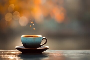Obraz premium Coffee cup on a table with coffee drops falling and a soft, warm background showcasing the beauty of a morning scene