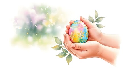 Hands holding a colorful Easter egg surrounded by soft pastel leaves  