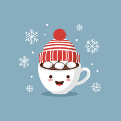 Cute cup of hot chocolate wearing a hat with marshmallows and snowflakes  