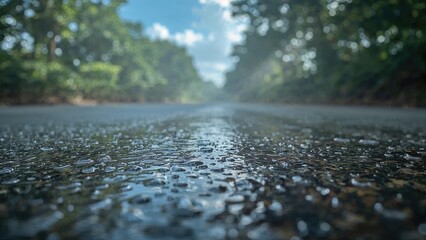 Fototapeta premium Wet road surface with water droplets, surrounded by lush green trees and blue sky, illustrating a rainy day or recent rainfall.