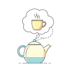 Teapot thinking about steaming cup of tea with steam above  