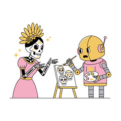 Skeleton woman teaching robot to paint skull designs  