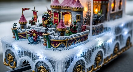 Colorful Christmas train decoration with lights and frosted details  