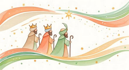 Three kings walking under a star with flowing colorful ribbons  