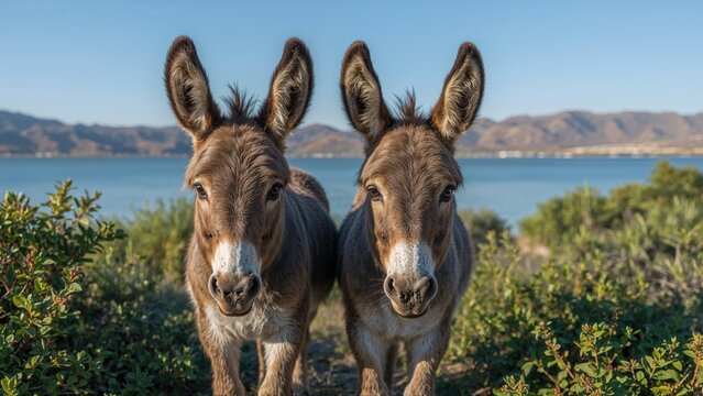 Two donkeys standing side by side with a scenic lake and mountains in the background.