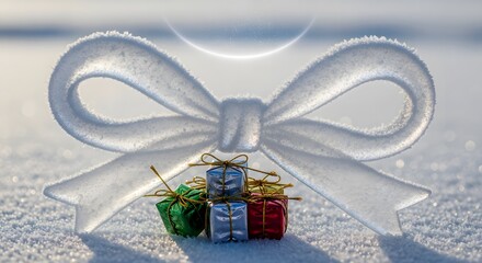 Christmas gifts with decorative ribbon on snow background  