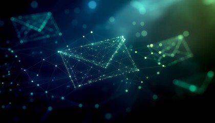 Digital communication envelopes floating in a captivating digital landscape, a modern take on information flow