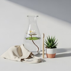 Glass vase with flower, small plant, and fabric in minimalist style  