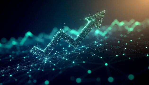 An abstract digital image of an upward-pointing arrow formed by glowing dots and lines, suggesting growth and progress