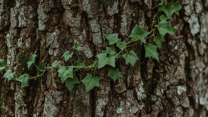 Close-up of tree bark with green ivy leaves climbing the trunk. Nature and plant growth, environment, and foliage. The concept of natural ecosystems and plant life