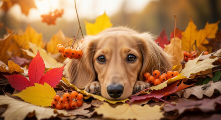 Close-up of a light brown dog nestled in colorful autumn leaves and rowan berries, showcasing seasonal beauty, tranquility, and the bond with nature