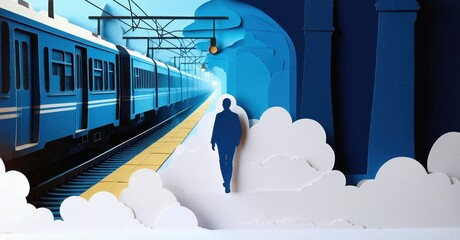 Fototapeta premium Papercraft style image depicts train station scene. Silhouette walks toward bright light, trains visible. Blue tones dominate composition.