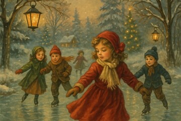 Fototapeta premium Vintage winter children skating background