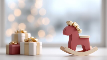 Wooden red rocking horse toy with decorative bow, positioned beside beautifully wrapped gift boxes, creating a festive holiday atmosphere