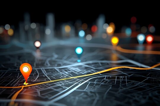 Multiple location markers displayed on a blurred city map at night with glowing colors and paths illuminated