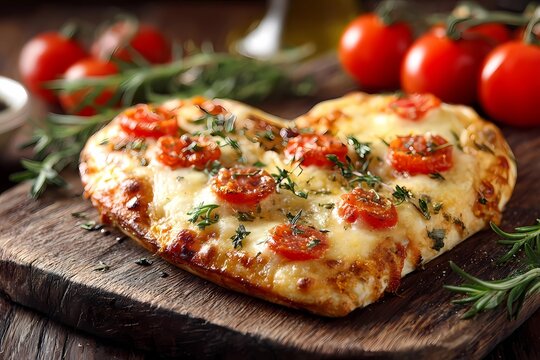 Delicious heart-shaped pizza with fresh tomatoes and herbs on a wooden cutting board - Powered by Adobe
