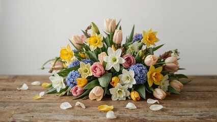 A bouquet of fresh flowers including tulips, daffodils, and roses arranged on a wooden surface with scattered petals and leaves.