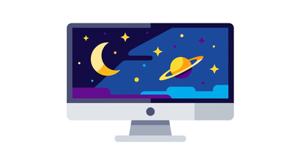 Computer screen displaying a beautiful night sky with planets and stars.