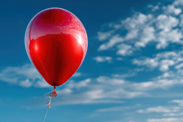 Obraz premium A Single Red Balloon Floats Against a Bright Blue Sky with Puffy White Clouds