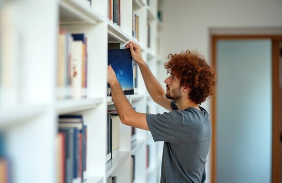 Young man with curly red hair organizes bookshelf, placing framed artwork of night sky. He is in library, wearing grey t-shirt. Person concentrates on art collection.