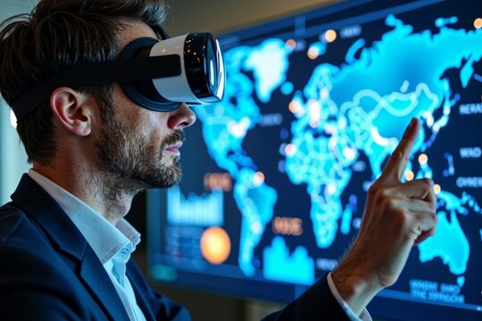 Businessman immersed in virtual reality, exploring holographic world map with intense focus.