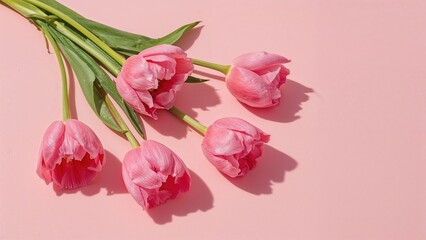 Fototapeta premium Pink tulips with green leaves on a pink background.