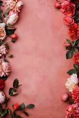 Vibrant coral and red rose flower border on pink textured background with copy space, vertical flat lay design for romantic valentines day cards, wedding invitations, and feminine concepts.