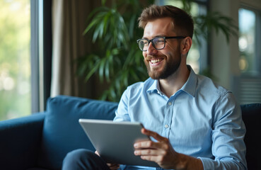 Man uses tablet computer at home in bright room. He smiles and laughs. Guy wears shirt, glasses, sits on couch. Green plants next to window create relax mood.