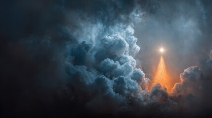 Fototapeta premium Rocket launching through dramatic clouds, illuminated by bright light in shape of Christmas tree, symbolizing exploration and innovation in a cosmic atmosphere