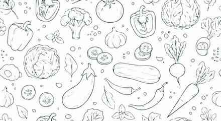 Seamless pattern of fresh vegetables and herbs, sketched in a clean, minimalist style, perfect for culinary designs