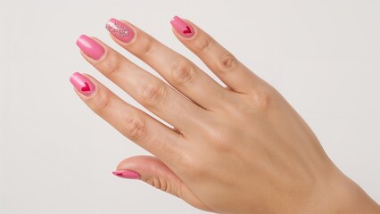 Manicure with pink nails and red hearts on the index and middle fingers. Beauty and nail art, concept. Nail designs and accessories. The concept of hand beauty and manicure art.