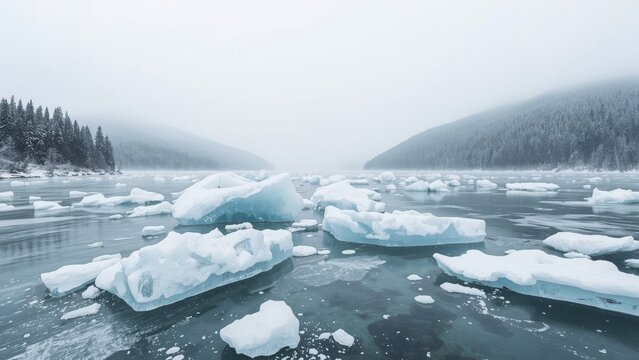 A cold landscape of Arctic ice and snow-covered mountains with floating icebergs in a glacier lake. Nature and climate, cold environment. The concept of climate change and polar regions.
