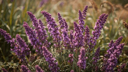 Obraz premium Purple flowers in bloom, possibly lavender, in a natural outdoor setting during daytime.