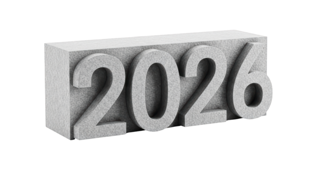 Large 3D rendered 2026 text in stone texture, transparent PNG background.