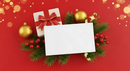 A festive Christmas arrangement features a gift box, ornaments, and a blank card on a red background.