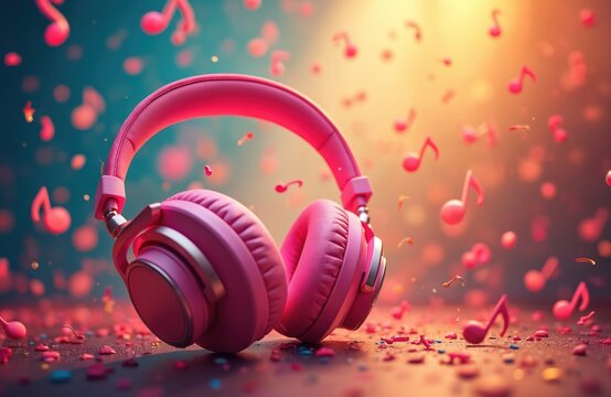 Pink headphones with floating music notes. Modern headset design for listening audio. Creative composition with bright colors for banner. Musical accessory in trendy style for entertainment industry