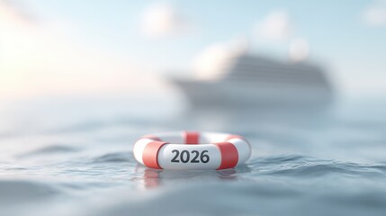 Lifebuoy floating in calm ocean waters with a distant cruise ship, symbolizing safety and adventure for the year 2026 in a serene environment