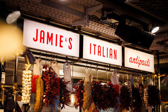 Jamie Oliver Restaurant Entrance in Budapest with Pasta Sign and Brand Logo