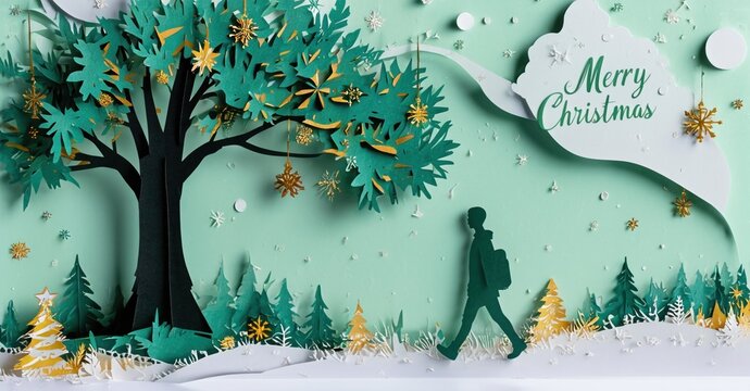 Papercraft scene depicts winter forest, person walking. Festive greeting visible, snow covers ground. Calm, serene imagery. - Powered by Adobe