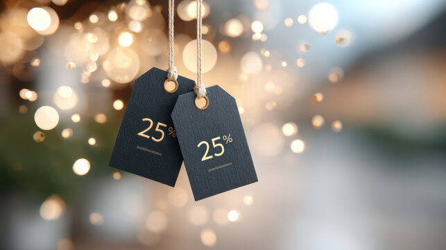 Discount tags hanging with festive bokeh lights in the background, showcasing a 25% off promotion for seasonal shopping events