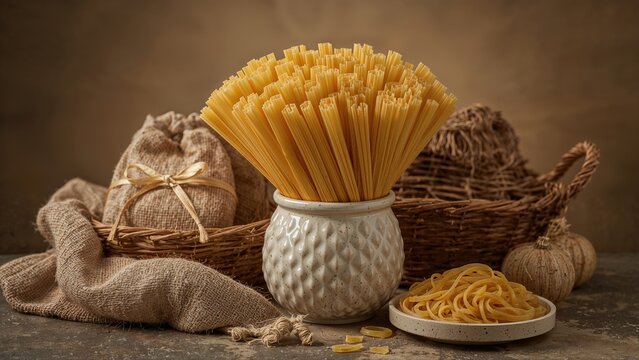 A jar of uncooked spaghetti with traditional pasta packaging, surrounded by a basket, cloth, and garlic, on a rustic surface.