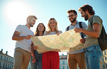 Group of friends laugh while looking at city map. Young people on summer vacation plan their trip with paper map outdoors. Cheerful tourists discuss route.