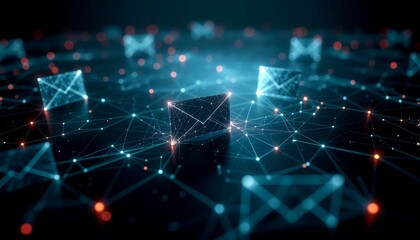 A digital world of interconnected communication, featuring illuminated email symbols and vibrant digital network