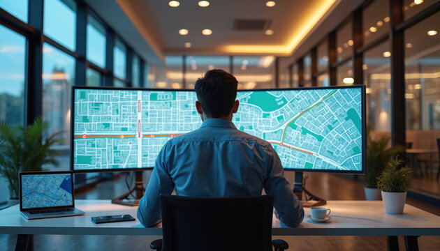 Man plans city routes on computer screens. He analyzes urban traffic flow for logistics and infrastructure projects. This pro designs transport networks.