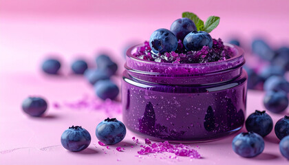 Organic blueberry body scrub in glass jar on pink surface. Skincare, natural cosmetic product