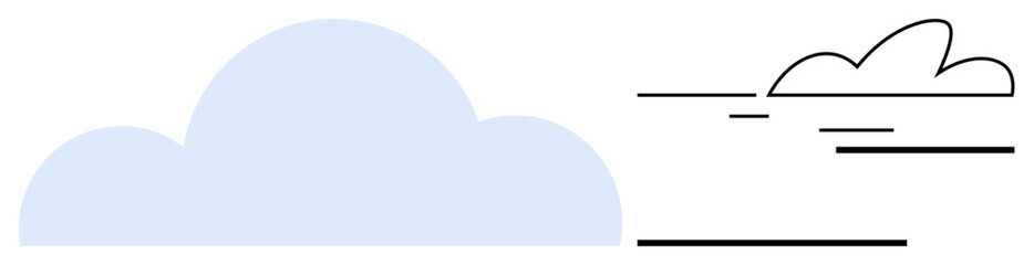 Solid blue cloud contrasted with a black line art cloud featuring dynamic motion lines. Ideal for weather, simplicity, creativity, minimalism, contrast, duality, and abstract concepts as a simple