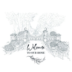 Beautiful vector hand drawn landscape scene with luxury vintage gates, fence and garden, welcome to our home