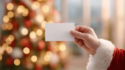Santa's hand holding blank card with copy space in front of beautifully decorated Christmas tree, creating a festive atmosphere for holiday greetings